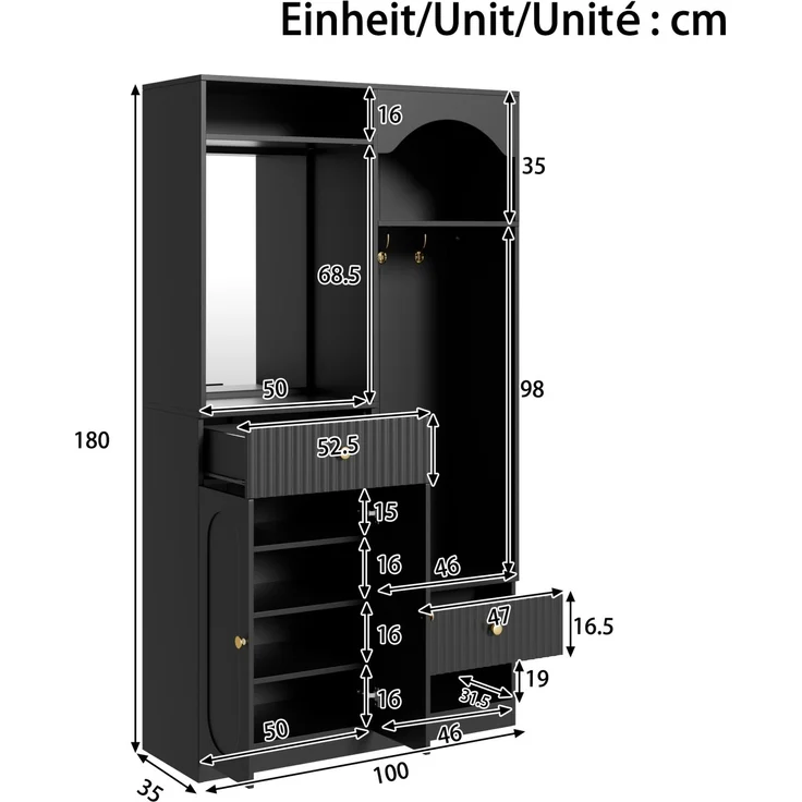 DESVIAE Garderobenschrank mit LED-Beleuchtung und Spiegel 100x180x35 cm MDF Schwarz – Bild 10