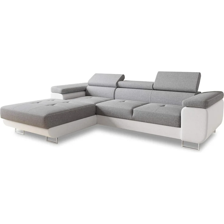 Ecksofa Divo mit Schlaffunktion, Bettkasten und einstellbare Kopfstützen (Weiß + Grau (Soft 017 + Sawana 21), Ecksofa Links) – Bild 1