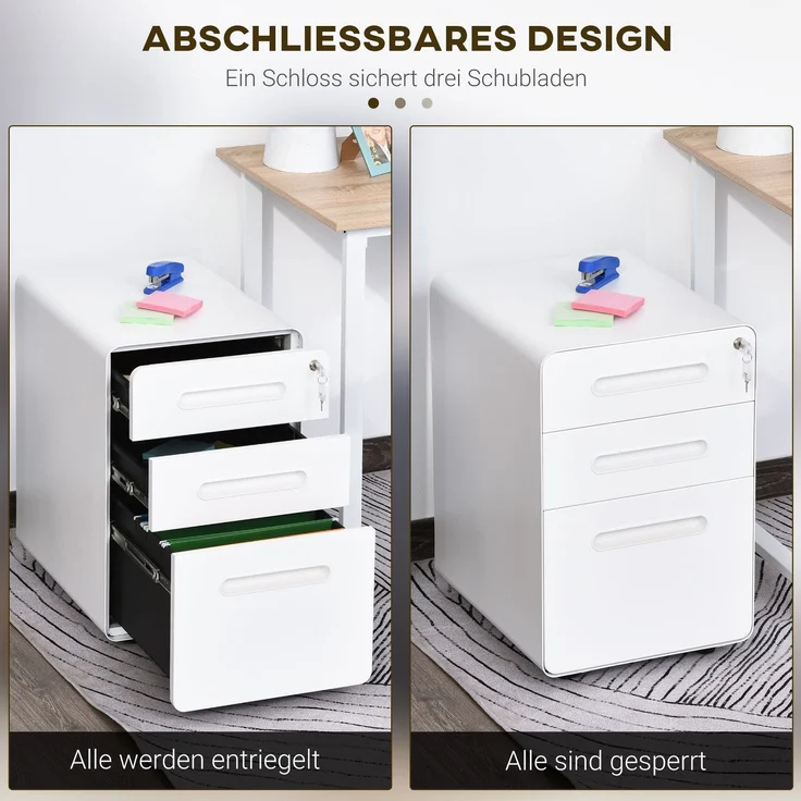 Rollcontainer mit 3 Schubladen mobiler Aktenschrank mit Rollen abschließbar Büroschrank mit Hängeregistratur Stiftfach, Bürocontainer Schreibtisch Unterschrank für Büro 39x48x59cm Weiß--Weiß--59x48x39cm--YOUDENOVA – Bild 5
