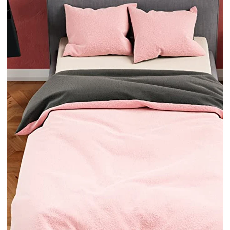 Moderne Plüschbettwäsche mit Reißverschluss - einfarbig, wendbar & warmhaltend Rosa 200x220cm + 2x 80x80cm Kissenbezug – Bild 2