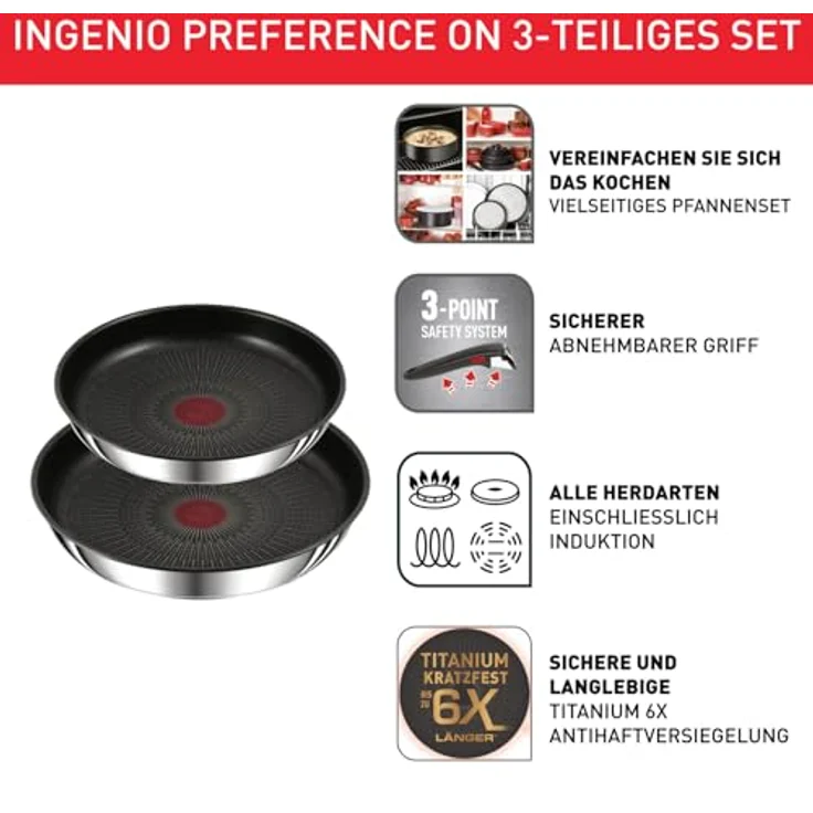 Tefal Ingenio Preference On 3-teiliges Pfannenset, stapelbar, Pfanne Induktion mit Antihaftversiegelung, Thermo-Signal bei idealer Brattemperatur, für alle Herdarten geeignet, Edelstahl, L97493 – Bild 3