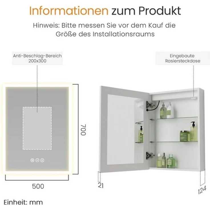 EMKE Spiegelschrank bad mit beleuchtung Badezimmerspiegelschrank Touch (1 türig) (Touch Schalter) mit Ablage und Steckdose, 3 Lichtfarben Dimmbar Antibeschlag – Bild 4