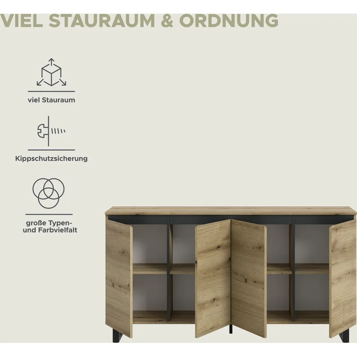 Sideboard B/H/T: 160x84x36 cm in Evoke Oak Nachbildung und schwarz – Bild 8