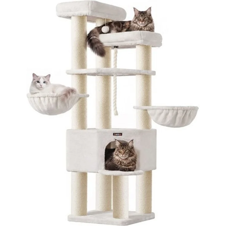 FEANDREA Kratzbaum, mehrstöckiger Katzenbaum, dicke Sisalstämme, für große Katzen, Katzenkratzbaum, weiß – Bild 1