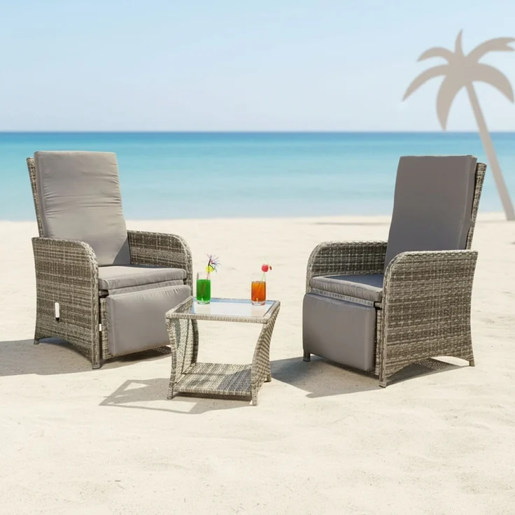 Sitzgarnitur 2 Sessel + Tisch Grau Polyrattan Lounge Garnitur Gartenmöbel Stuhl – Bild 1