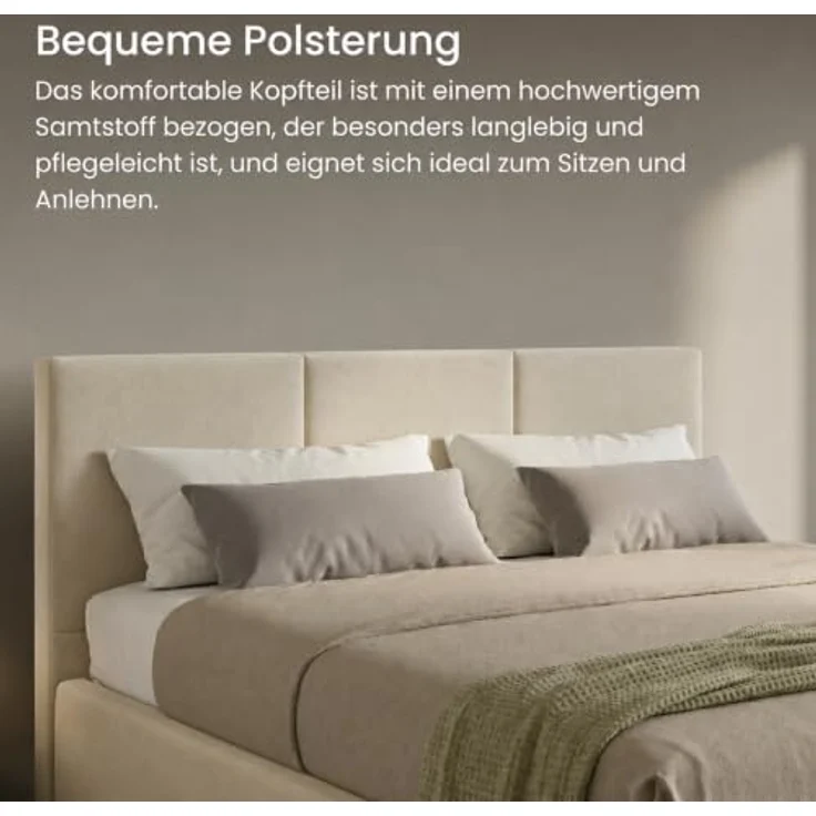 Home Collective Polsterbett, Doppelbett mit Bettkasten und flexiblem Lattenrost, Veloursstoff Beige, mehrere Größen (120x200, 140x200, 160x200, 180x200) – Bild 4