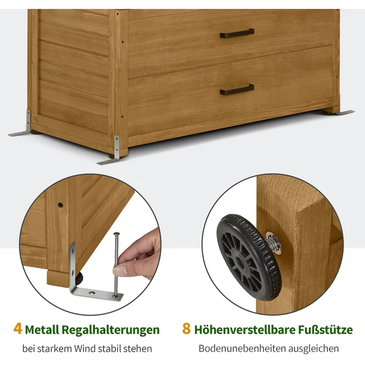 M MCombo Gartenschrank Gartenhaus Holz Wetterfest, Geräteschrank Gerätehaus Outdoor, für Außenbereich Balkon Terrasse, Gartenhütte mit 2 Bewegliche Regale, 58×107×180 cm, 1155 (Natur) – Bild 7