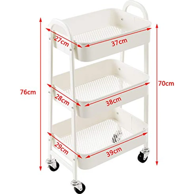 DOEWORKS Rollwagen Metall Servierwagen Küchenwagen Aufbewahrungswagen 3-Etagen Utility Cart Organizer Wagen mit Rädern für Wohnzimmer Schlafzimmer Make-up Badezimmer Büro, Weiß – Bild 7