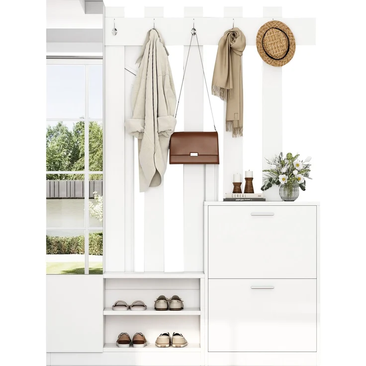 135*25*180cm Garderoben-Set mit Spiegel, Flurschrank, Hängeschrankregal, Kompaktgarderobe, Mit 2 unteren Klapptüren-Schuhschränken + 2 Aufbewahrungsschränke, Geeignet für Türöffnungen, Flure,Weiß--Weiß--135x25x180cm--YOUDENOVA – Bild 9