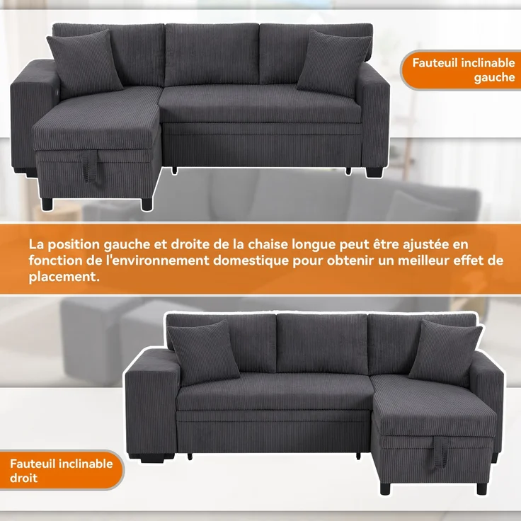 ZUBALIYA Klappsofa mit Schlaffunktion, L-förmiges umbaubares Ecksofa mit USB-Ladeanschluss und Kissen, 3-Sitzer-Umbausofa mit Seitenablagen und Stauraum, H 84 × T 231 × B 131.5 cm, Grau, Corduroy – Bild 13