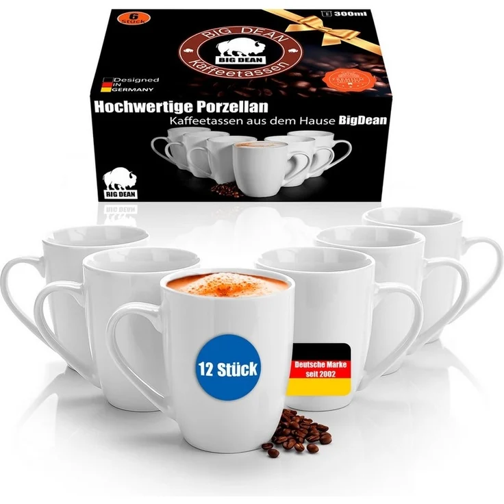 12 Stück Kaffeebecher 300ml aus hochwertigem echtem Porzellan - Tassen zum Bemalen - in Geschenkbox – Bild 1