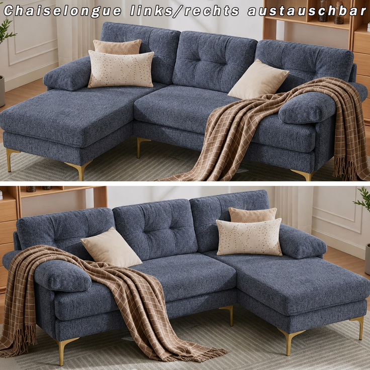 EINHOM 187, 5 cm L-förmiges Sofa, dreisitzig mit 3 Sitzkissen, austauschbare Liegeseite links/rechts, gepolsterte Armlehnen, Chenille-Stoff, Metallfüße, blau – Bild 5