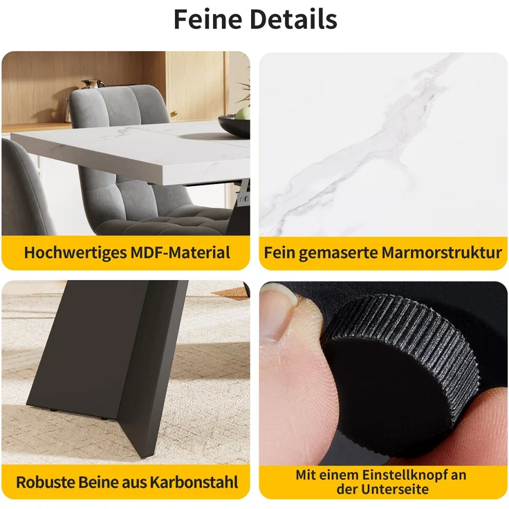 Moderner Esstisch ausziehbar 99–159 cm, Küchentisch mit Marmorplatte, Carbonstahl-Gestell, höhenverstellbar, 77cmx99-159cmx74cm, Weiß+Schwarz – Bild 4