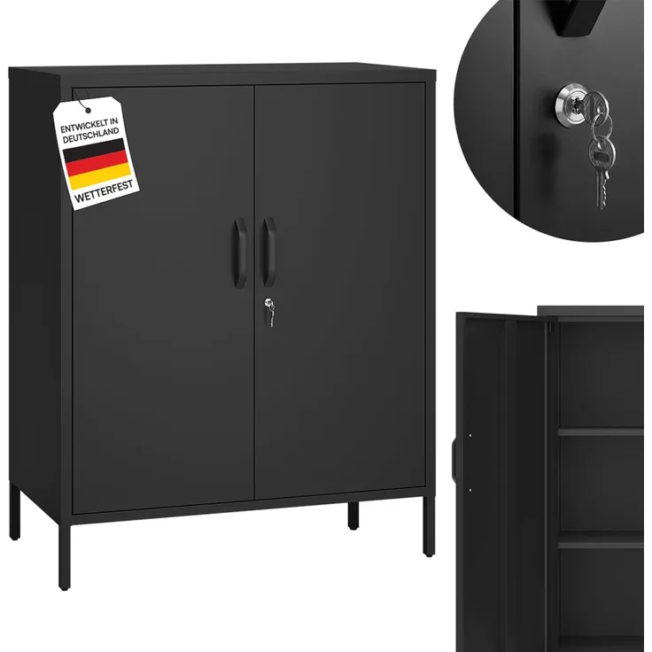 STEELSØN 'Menkent' Outdoor Metallkommode, Doppeltür mit Schloss, schwarz, 100x80x45 cm, mit 2 Einlegeböden, 3 höhenverstellbare Fächer
