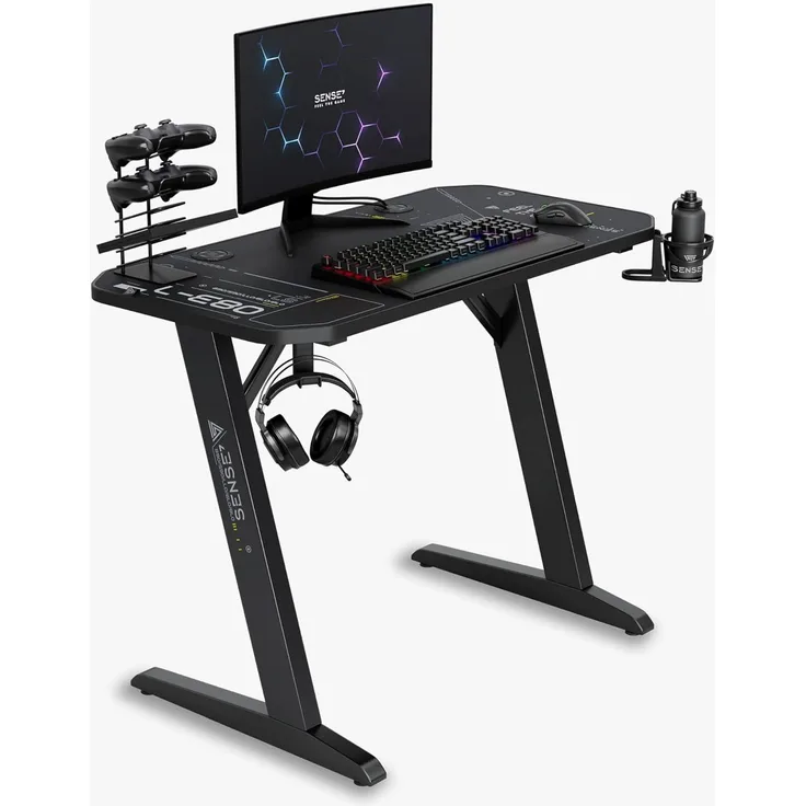 SENSE7 Schreibtisch Nomad Cybernetic, Gaming Tisch 120x60, PC Tisch mit Kopfhörerhaken, Getränkehalter, Controller Halter, Gaming Computertisch mit Kohlefaseroberfläche, Ergonomischer Gaming Desk