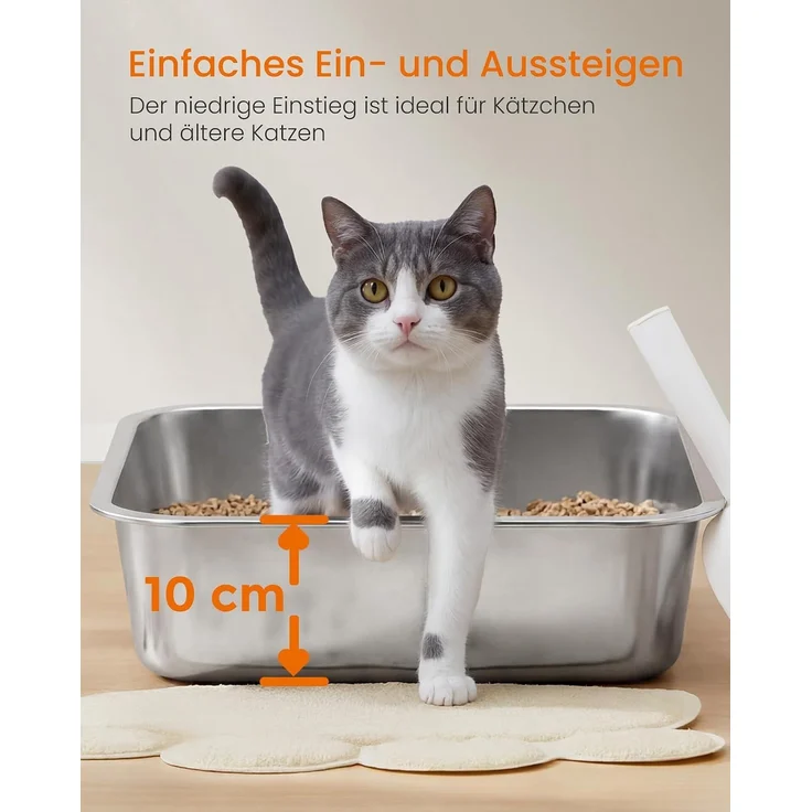 FEANDREA Katzenklo Edelstahl, Katzentoilette mit Schaufel, offen, für kleine Katzen und Kätzchen, 40 x 30 x 10 cm, silbern – Bild 6