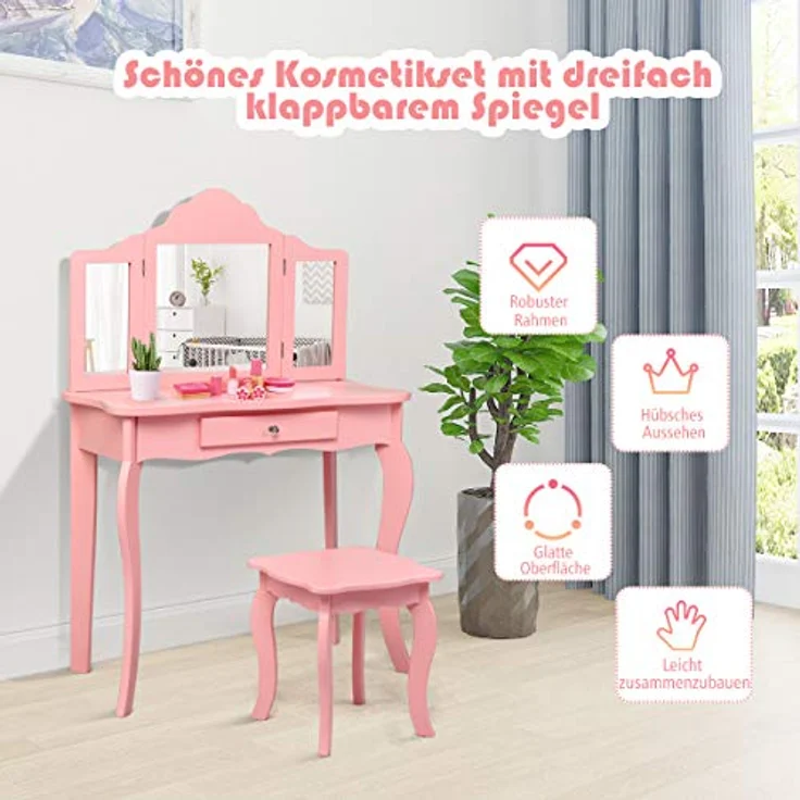 COSTWAY 2 in 1 Kinder Schminktisch mit Hocker, Frisiertisch mit 3-Fach abnehmbarem Spiegel & Schublade, Kosmetiktisch Mädchen Holz, 70 x 34 x 103 cm (Rosa) – Bild 3