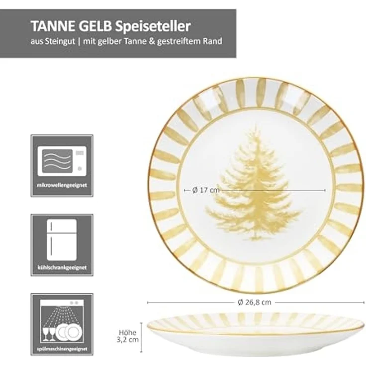 MamboCat Speiseteller 6x Wald ocker Speiseteller Steingut 6 Personen Essteller Streifen, Weihnachtsgeschirr, Weihnachten, Weihnachtsset, Geschirr – Bild 6