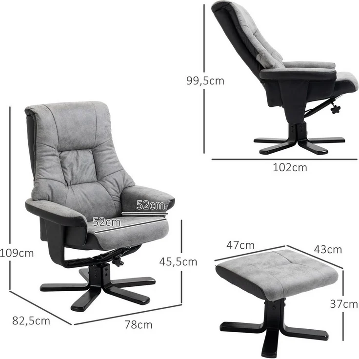 HOMCOM Polsterstuhl TV Sessel mit Liegefunktion (Polstersessel, 2 St), Mikrofaser Grau, 78 x 82,5 x 109 cm – Bild 2