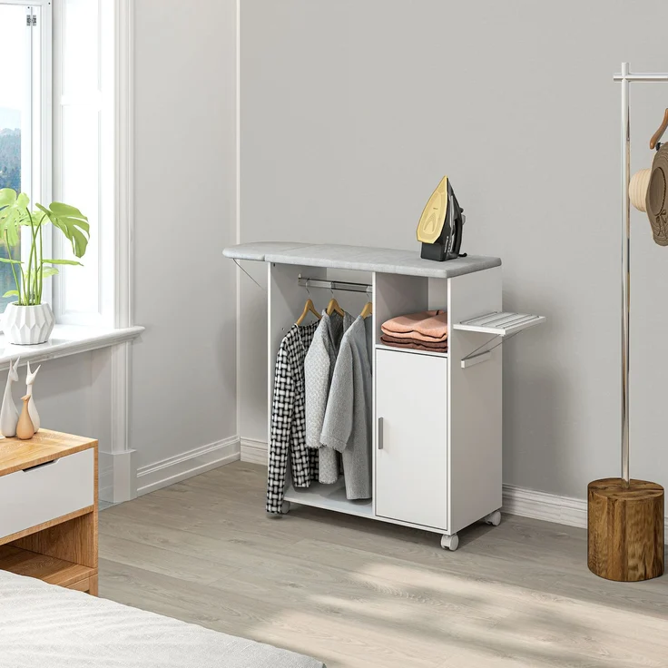 Mobiler Bügelständer mit Ablagefläche, 3 Würfelregalen und Führung, 127 x 42,5 x 99 cm, Weiß – Bild 4