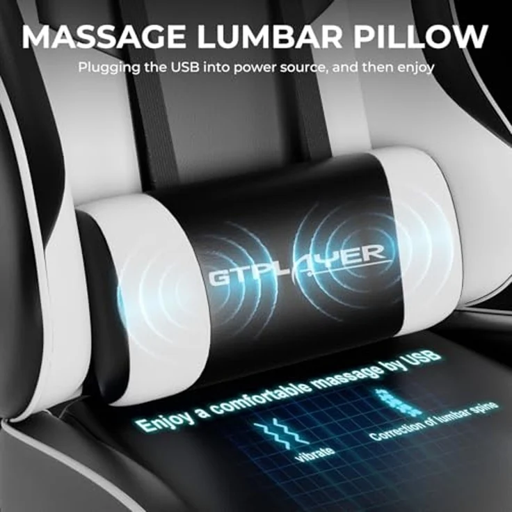 GTPLAYER Gaming Stuhl Ergonomischer Schreibtischstuhl Drehstuhl, Chefsessel mit Wippfunktion, bis 136 kg belastbar, Verlängerte und Verbreiterte Rückenlehne, Weiß – Bild 6