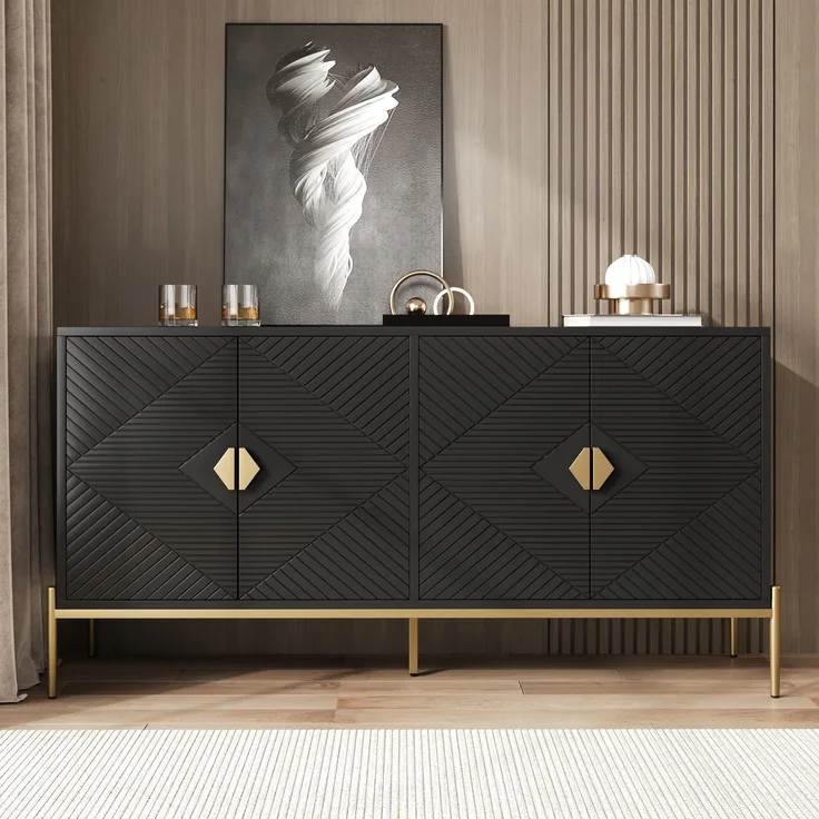 Sideboard 162x40x80 cm in Schwarz mit geometrischem Muster und goldenen Akzenten – modernes Design