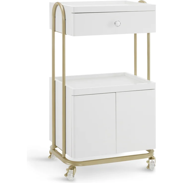 M MCombo Servierwagen mit Rollen & Schublade, Rollwagen Friseurwagen Weiß-Gold, Salon Trolley mit 2 Ablagen und Schrank, 0086 – Bild 1