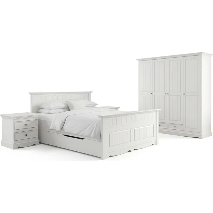 Schlafzimmer-Set Belluno Elegante 6-teilig Massivholz Ausführung weiß Kiefer weiß lackiert
