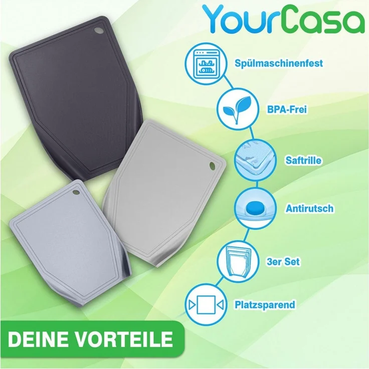 YourCasa Schneidebrett 3er Set - Trichterform & Saftrille - Rutschfest Spülmaschinenfest, (Set, 3 Schneidebretter, 25x34 cm, 22x29 cm, 20x25 cm), Saftrille, BPA frei, Trichterform – Bild 2