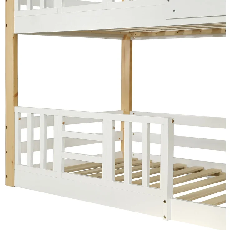 Etagenbett / Hausbett 90 × 200 cm – mit seitlicher Aufbewahrungstreppe, Dach mit Rundöffnung & Fenster, Weiß&Natur – Bild 10