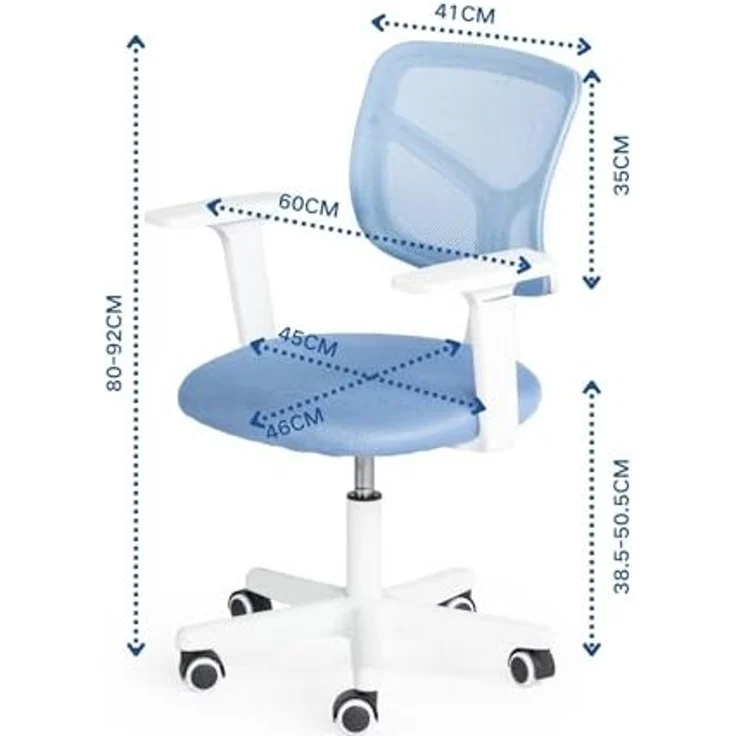 FurnitureR Kinder-Schreibtischstuhl mit Armlehnen, Höhenverstellbar 38.5–50.5cm, Atmungsaktive Netzlehne, 360° Drehbar, 5 Rollen – Ergonomischer Lernstuhl für Kinderzimmer & Schule, Blau – Bild 3