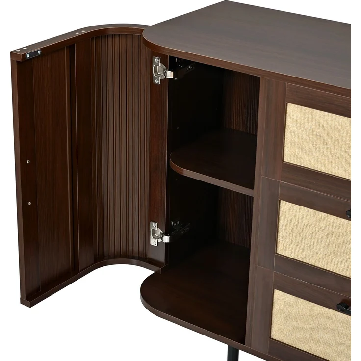 Flieks Sideboard 120 x 40 x 82 cm mit 2 Türen, 3 Schubladen, Geflechtfronten und verstellbaren Einlegeböden, Walnussholzoptik – Bild 7