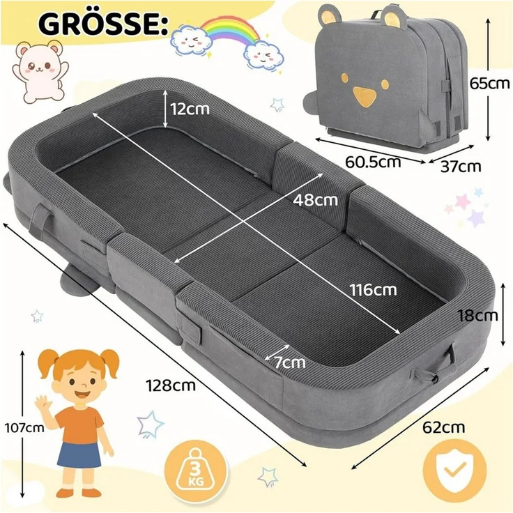 TLGREEN Kindersofa Tragbares Faltbares Kinder Sofa, Weiches Kinder Liegsofa mit Hochdichtschaumstoff, Maschinenwaschbarer Bezug & Taschen,Ideal für Wohnzimmer Camping Reise – Bild 3