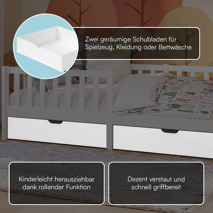 Bellabino 'Vere' Kinderbett 90x200 cm mit 2 Schubladen, weiß, Massivholz Kiefer, Jugendbett mit Rausfallschutz und Lattenrost – Bild 6