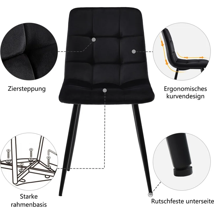 Merax Essgruppe (5-tlg), Esstisch mit 4 Stühlen Set, Moderner Küchentisch Set , 140×80cm Küchentisch mit Schwarz Metallbeinen, MDF Tischplatte in Grau, Schwarz Samt Esszimmerstühle – Bild 7