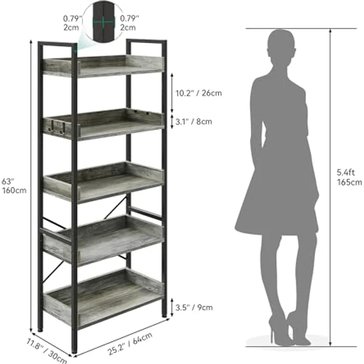 YITAHOME Bücherregal mit 5 Ebenen, bodenstehendes Bücherregal, Holzregal und stabile Stahlrahmenregale mit 4 Haken, industrielles Lagerregal für Wohnzimmer, Heimbüro, Graues Standregal – Bild 3