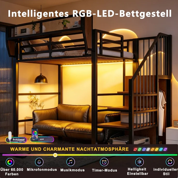 ZUBALIYA Hochbett 90 × 200 cm, Metall, LED-Beleuchtung, Leiter, Schwarz – Bild 6