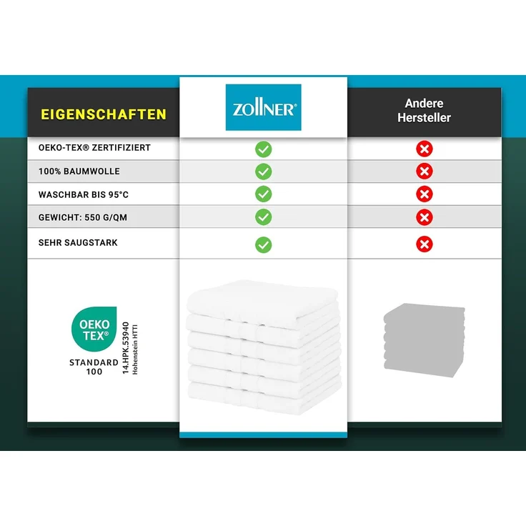 ZOLLNER 6er Set Handtuch, 100% Baumwolle, 50x70 cm, weiß – Bild 6