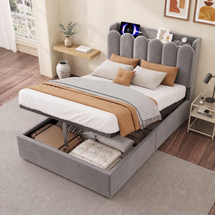 Polsterbett, Einzelbett, Kinderbett 90 x 200cm, hydraulisches Funktionsbett, Bett mit Lattenrost, gepolstertes Kopfteil, großem Stauraum und USB& Type-C-Ladestation und Leselampe, samt, grau – Bild 3