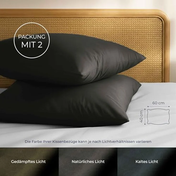 Kissenbezug 40x60 Baumwolle Renforcé (2er-Set) - Anthrazit - Dicht gewebt mit 57 Fäden/cm² - Kissenbezug 40x60 - Oeko Tex Zertifiziert - Dreamzie – Bild 3