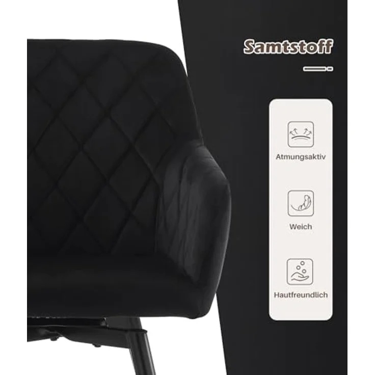 TUKAILAI Esszimmerstühle Drehbar 2er-Set Samt, Drehstuhl Esszimmer mit Armlehnen Rückenlehne Metallbeine,Küchenstuhl Polsterstuhl Armlehnenstuhl für Wohnzimmer Küche Schlafzimmer, Schwarz – Bild 10