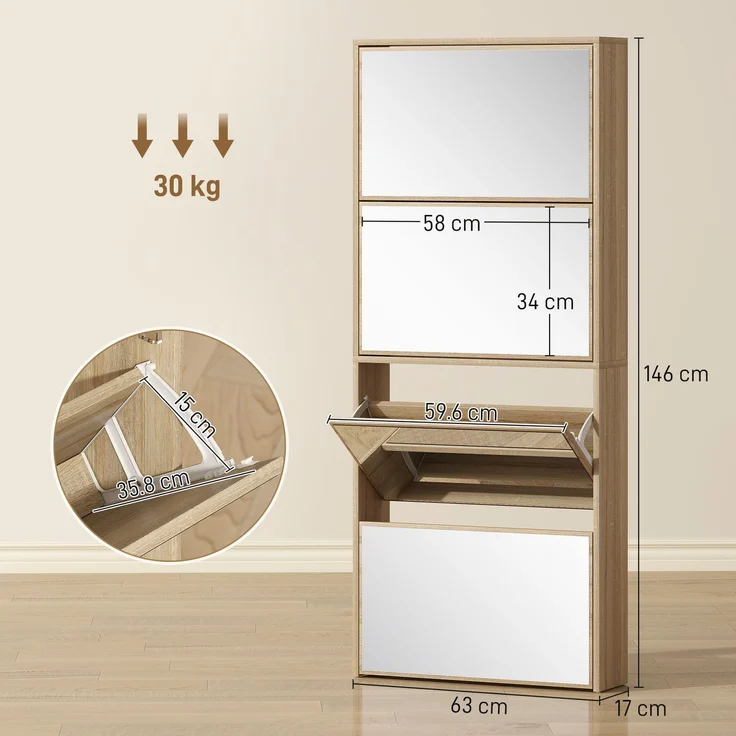 Spiegel-Schuhschrank mit 4 Türen, kippsicher, aus Holz, 63 x 17 x 146 cm, Farbe: Holz – Bild 5
