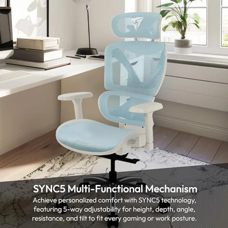ThunderX3 XTC Ergonomischer Bürostuhl, weiß/blau, mit Mesh-Bezug, 3D-Armlehnen und bis 125 kg Belastbarkeit – Bild 2
