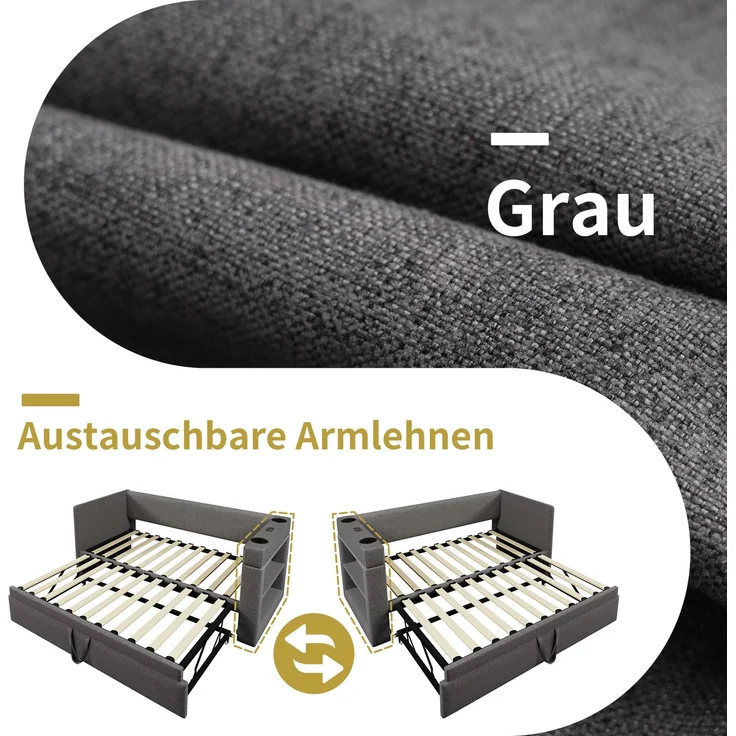 Polstertes Daybett 90x190 cm, Einzelbett Schlafsofa mit Ausziehbett, Armlehnen mit USB- & Type-C-Ladeanschluss und Getränkehalter, Leinen-Mischgewebe, Grau, ohne Matratze – Bild 4