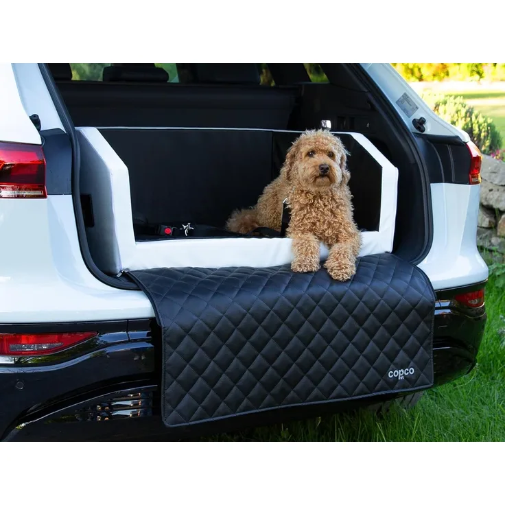 CopcoPet Tier-Autobett Autohundebett Weiß/Schwarz 70 x 55 cm mit Gurtsystem