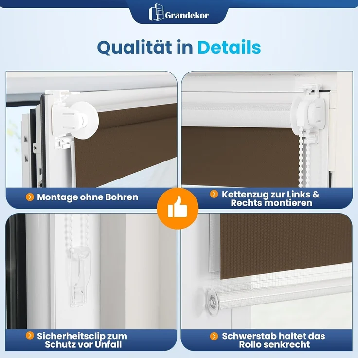 Grandekor Doppelrollo Klemmfix ohne Bohren Weiß-Beige-Braun 75x150 cm(Stoffbreite 71cm) Fenster Rollos für innen Klemmrollos Duo Rollos für Fenster ohne Bohren mit Bohren Privatschutz Zebrarollo – Bild 5
