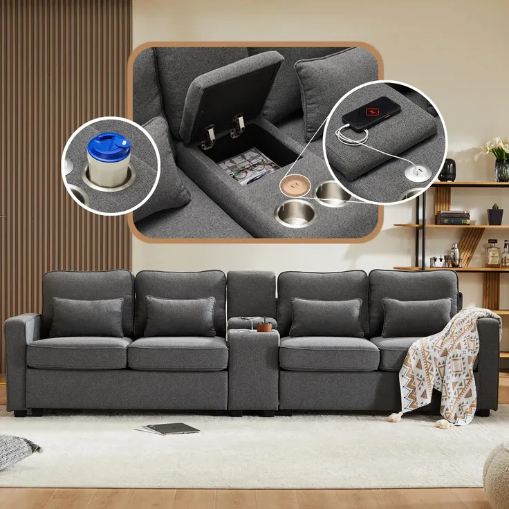 Big-Sofa, 4-Sitzer inkl. loser Zier- und Rückenkissen, Zwischentisch, USB-Anschlüssen, Polstersofa, Wohnzimmersofa, Leinen – Bild 3
