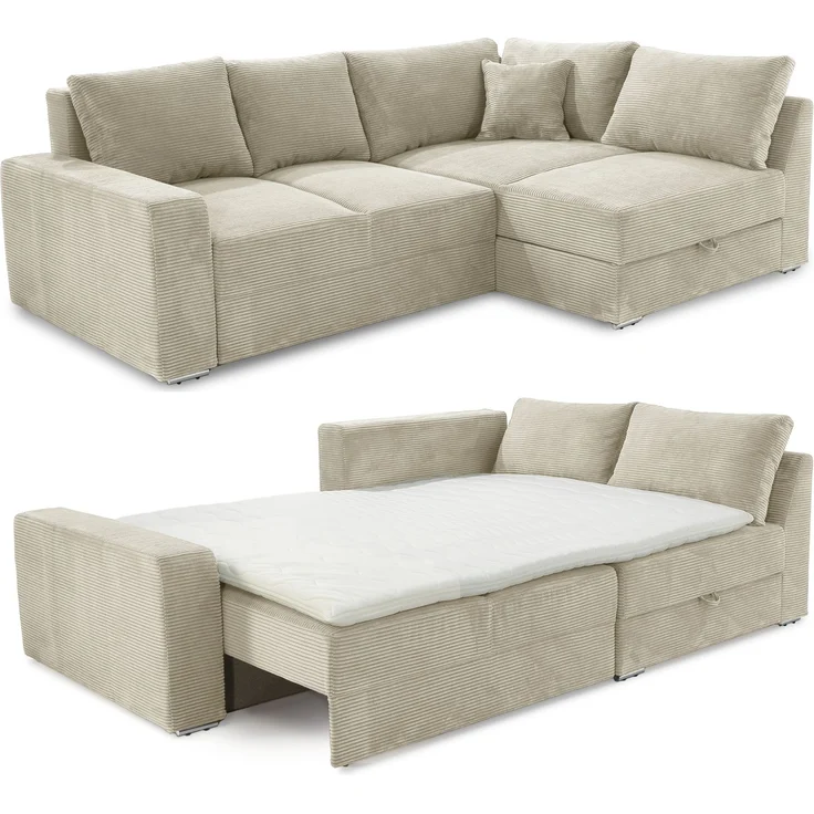Ecksofa-Dauerschläfer Federkern Topper Bettkasten Schlafcouch in Cord Beige Grau – Bild 1