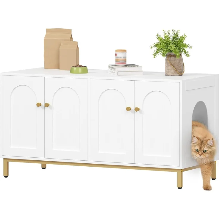 Katzenschrank für 2 Katzen, 119cm Versteckte Katzentoilettenmöbel, Hölzernes Haustierhaus, Aufbewahrungsschrankbank, Passend für die Meisten Katzentoilettenkä, Weiß und Gold – Bild 2
