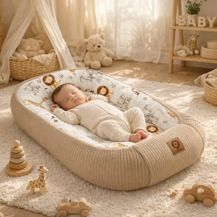 Babynestchen Neugeborene – Nestchen Baby aus Waffel Baumwolle & Baumwollstoff – Babynest für Babybett & Kinderbett – Baby Kokon Tragbar – OEKO-TEX zertifiziert – Zubehör für Babybett - ZOO und Braun – Bild 2